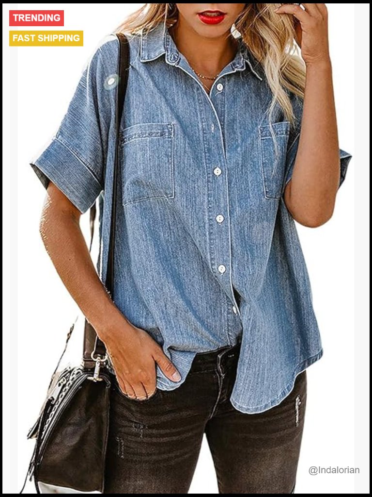 Button Down Denim Shirt Casual Loose Short Sleeve Tops With Pockets